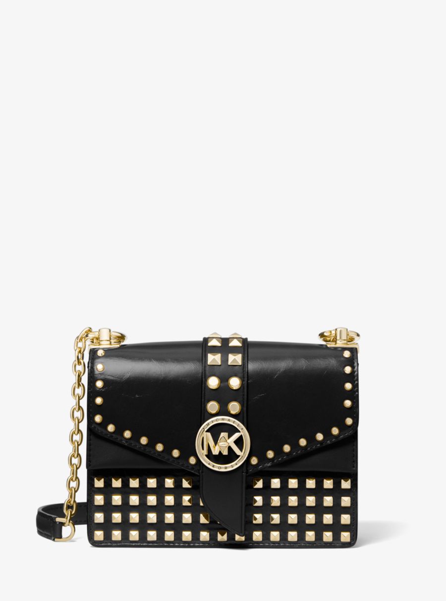 Damske Prenosná Taška Michael Kors Greenwich Extra-Small Studded Patent Leather Čierne - Kabelky Michael Kors Outlet | QUMCZ-7316